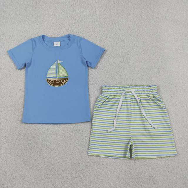 BSSO1860 RTS Blue boat  embroidery short sleeve boy outfits