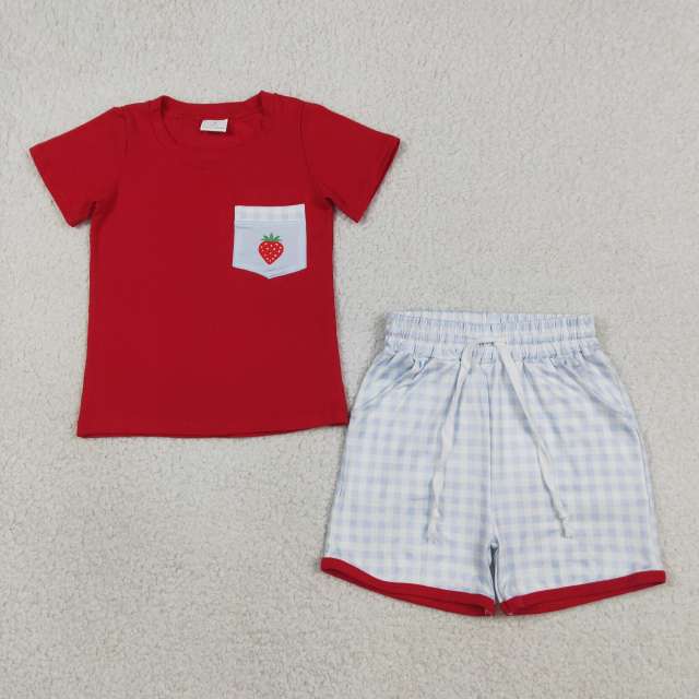 BSSO1692 RTS Red solid strawberry short sleeve boy outfits