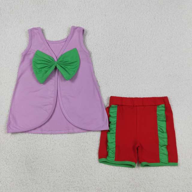 GSSO3465  Purple solid green bows Print sleeveless girl outfits