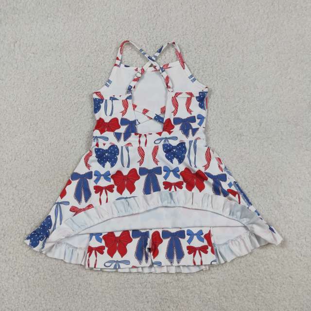 GSD4064 RTS Red blue bows 4th of july yoga  sleeveless scallop dress