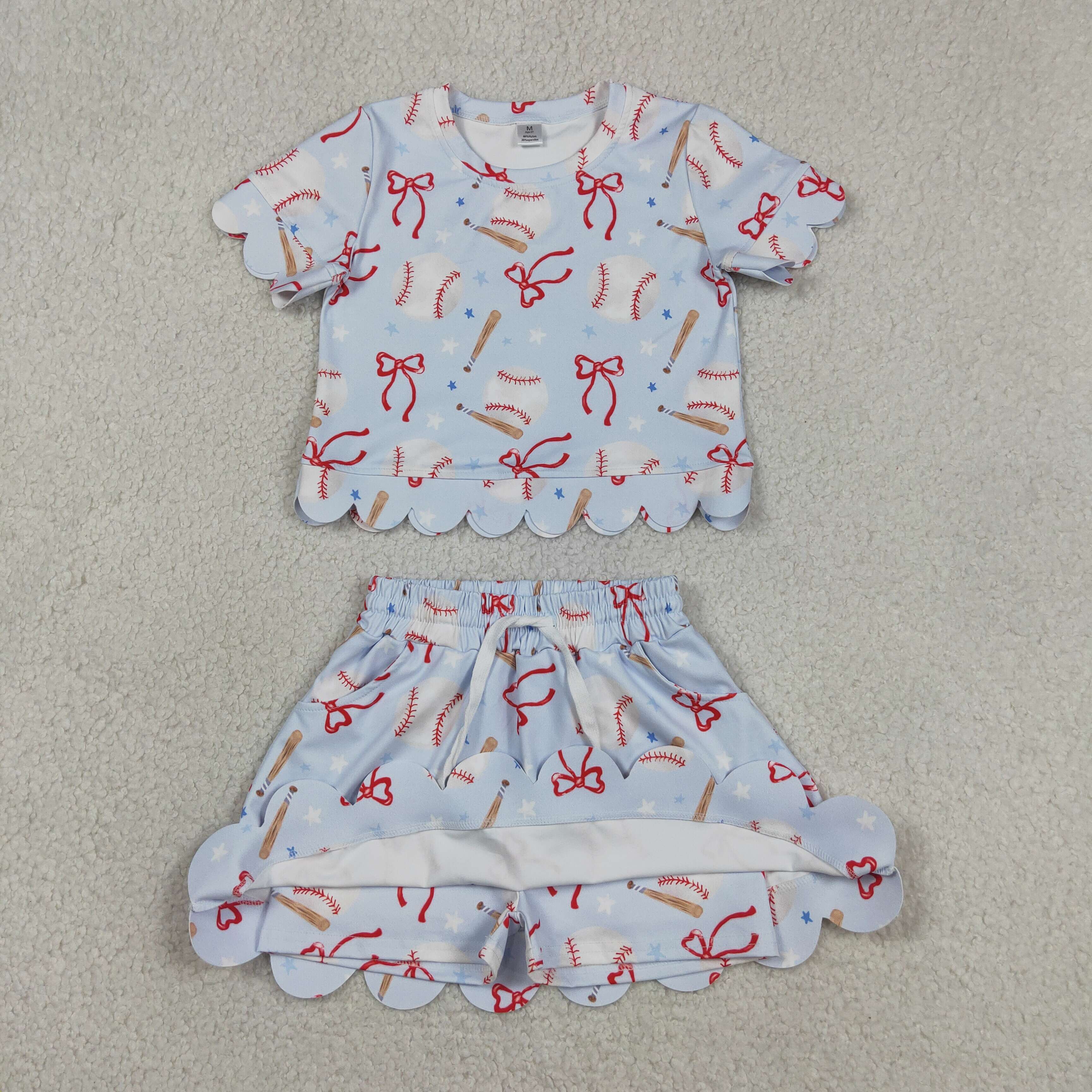 GSD3656 Blue Baseball bows  Print Short sleeve girl SCALLOP outfits