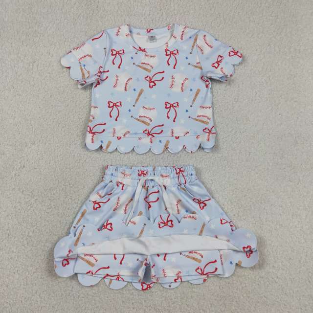 GSD3656 Blue Baseball bows  Print Short sleeve girl SCALLOP outfits