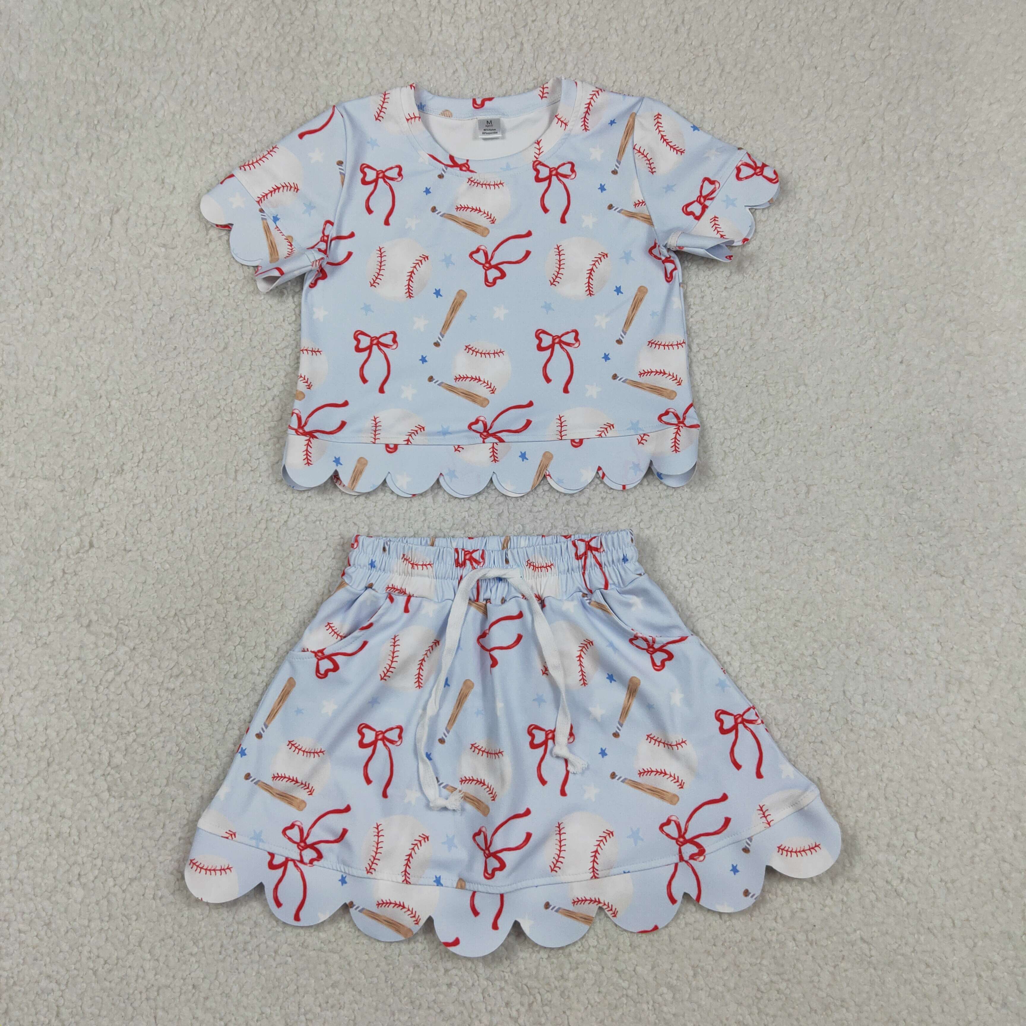 GSD3656 Blue Baseball bows  Print Short sleeve girl SCALLOP outfits