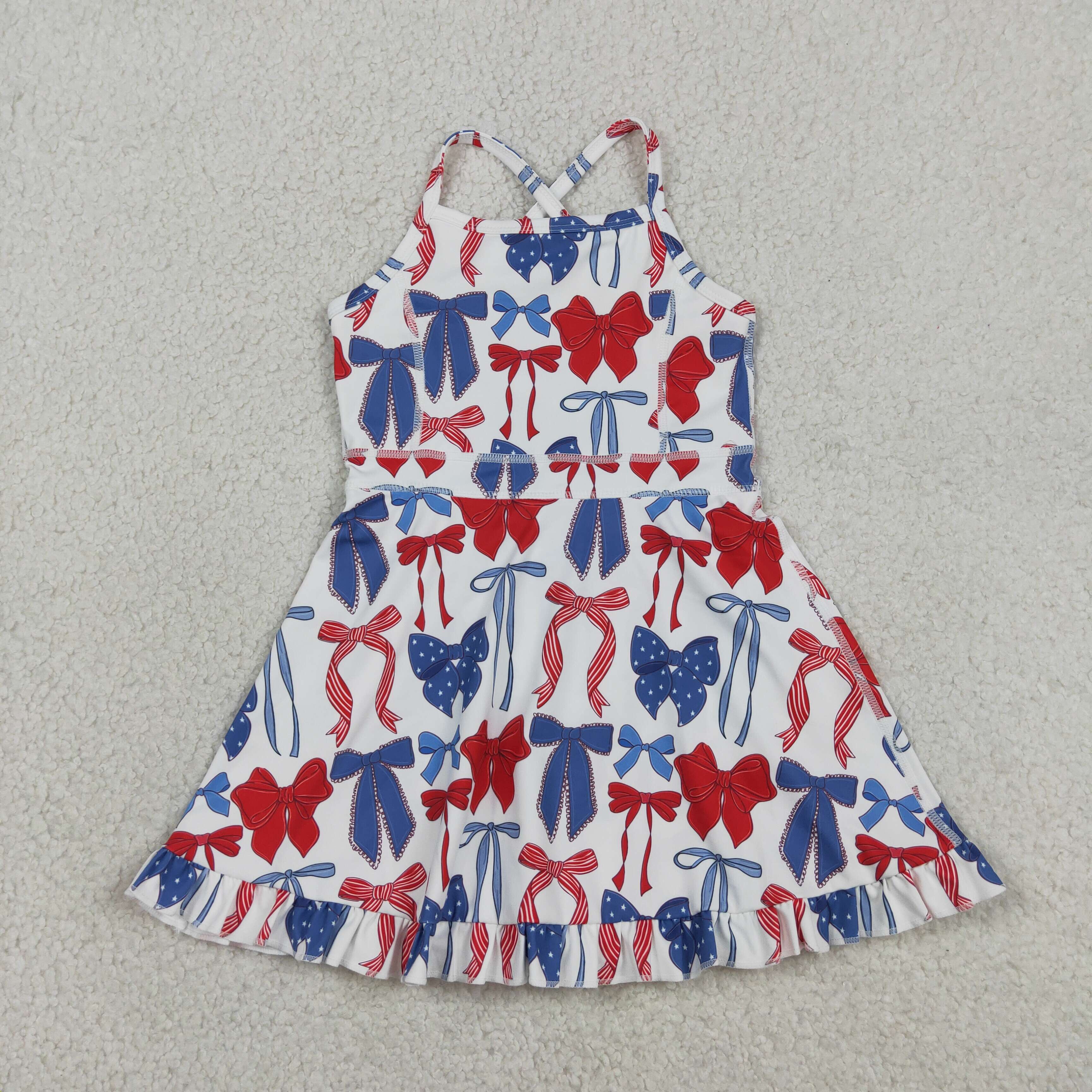 GSD4064 RTS Red blue bows 4th of july yoga  sleeveless scallop dress