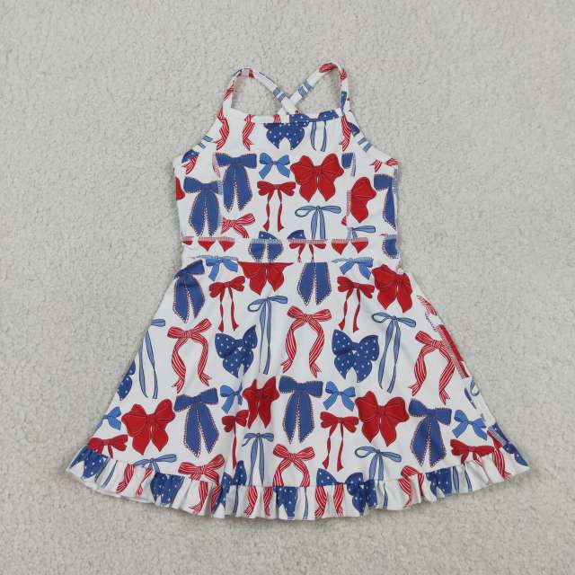 GSD4064 RTS Red blue bows 4th of july yoga  sleeveless scallop dress