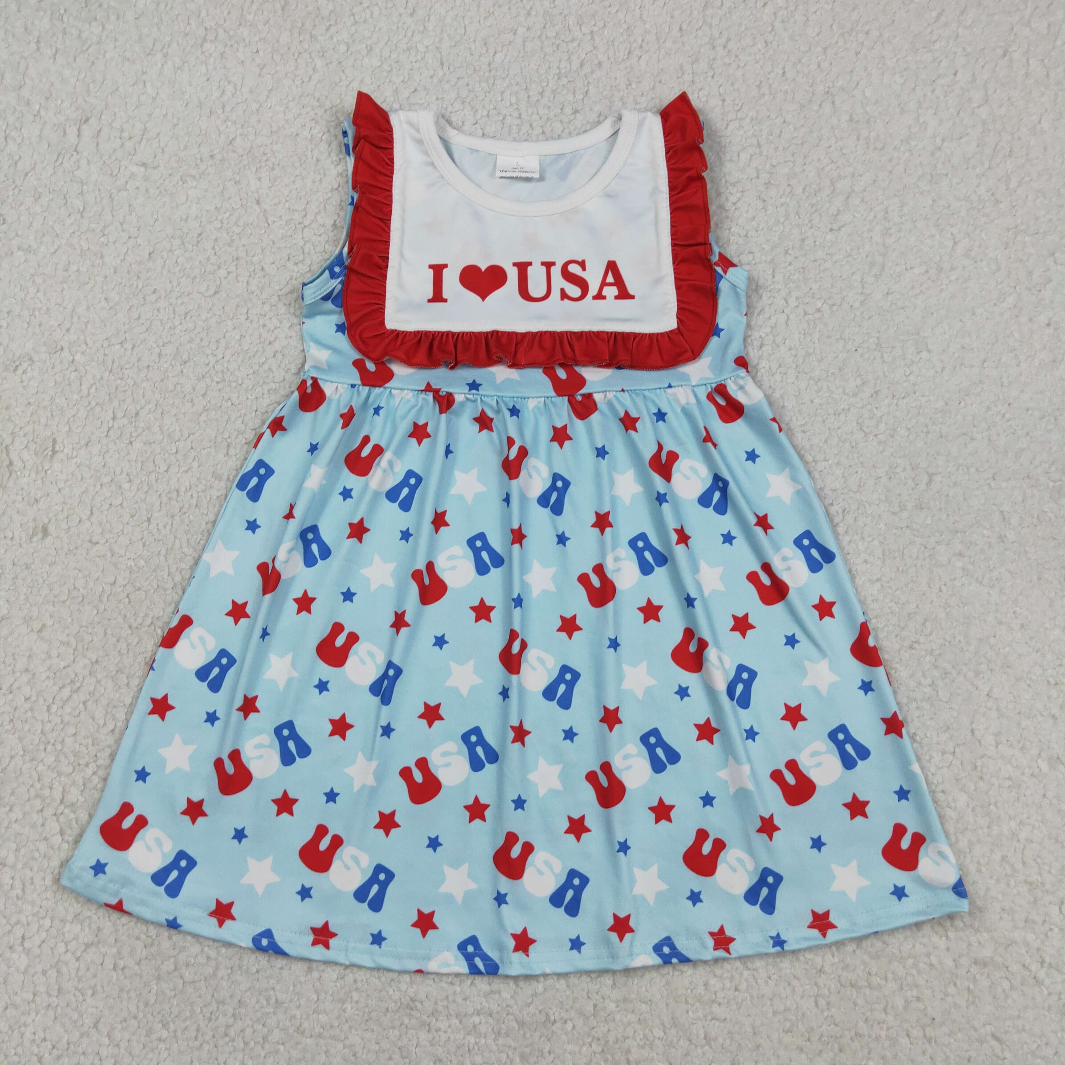 GSD4002 RTS 4th of jult stars I love USA embroidery sleeveless dress