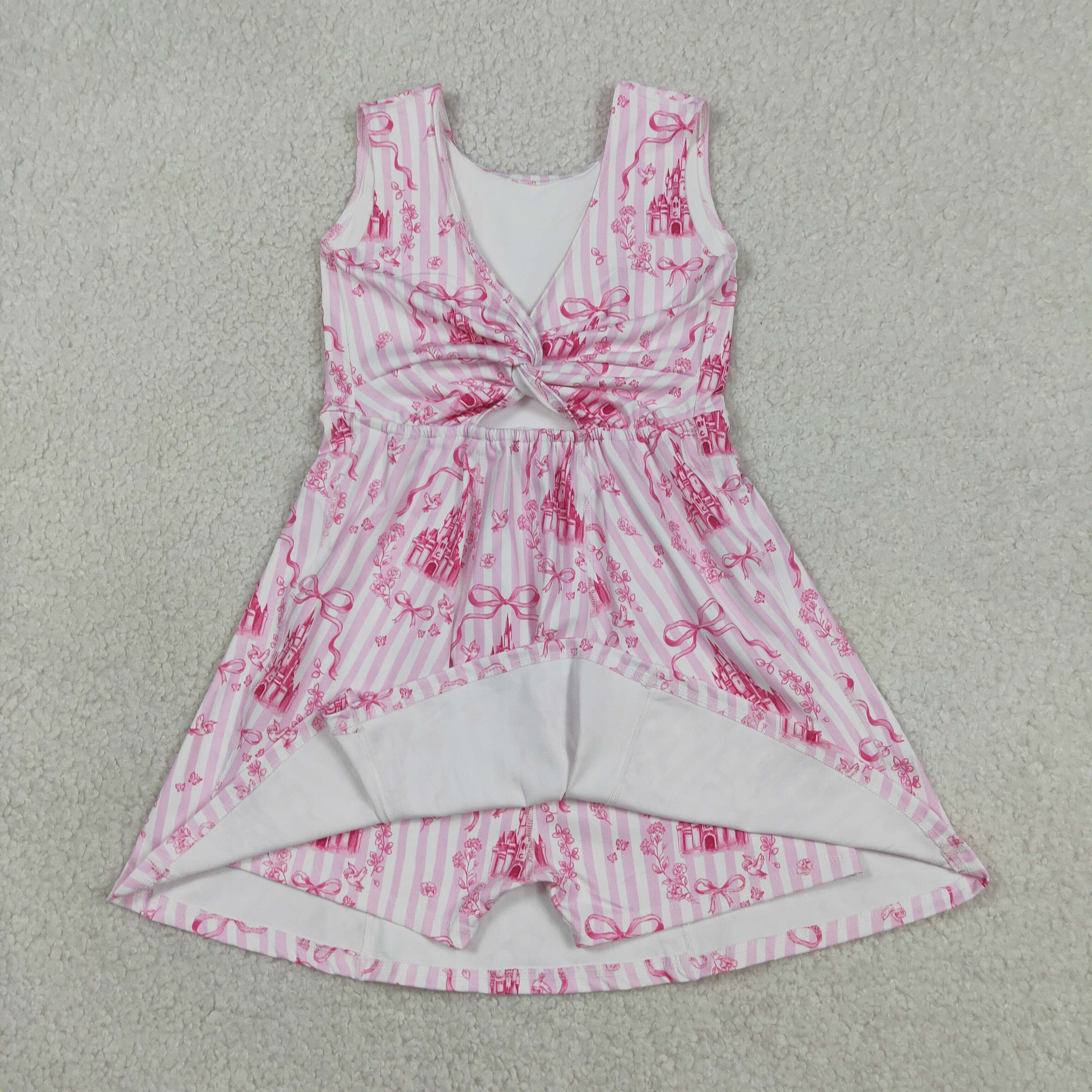 GSD3815 RTS Pink stripe castle bows sleeveless athletic dress
