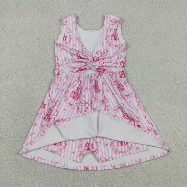 GSD3815 RTS Pink stripe castle bows sleeveless athletic dress