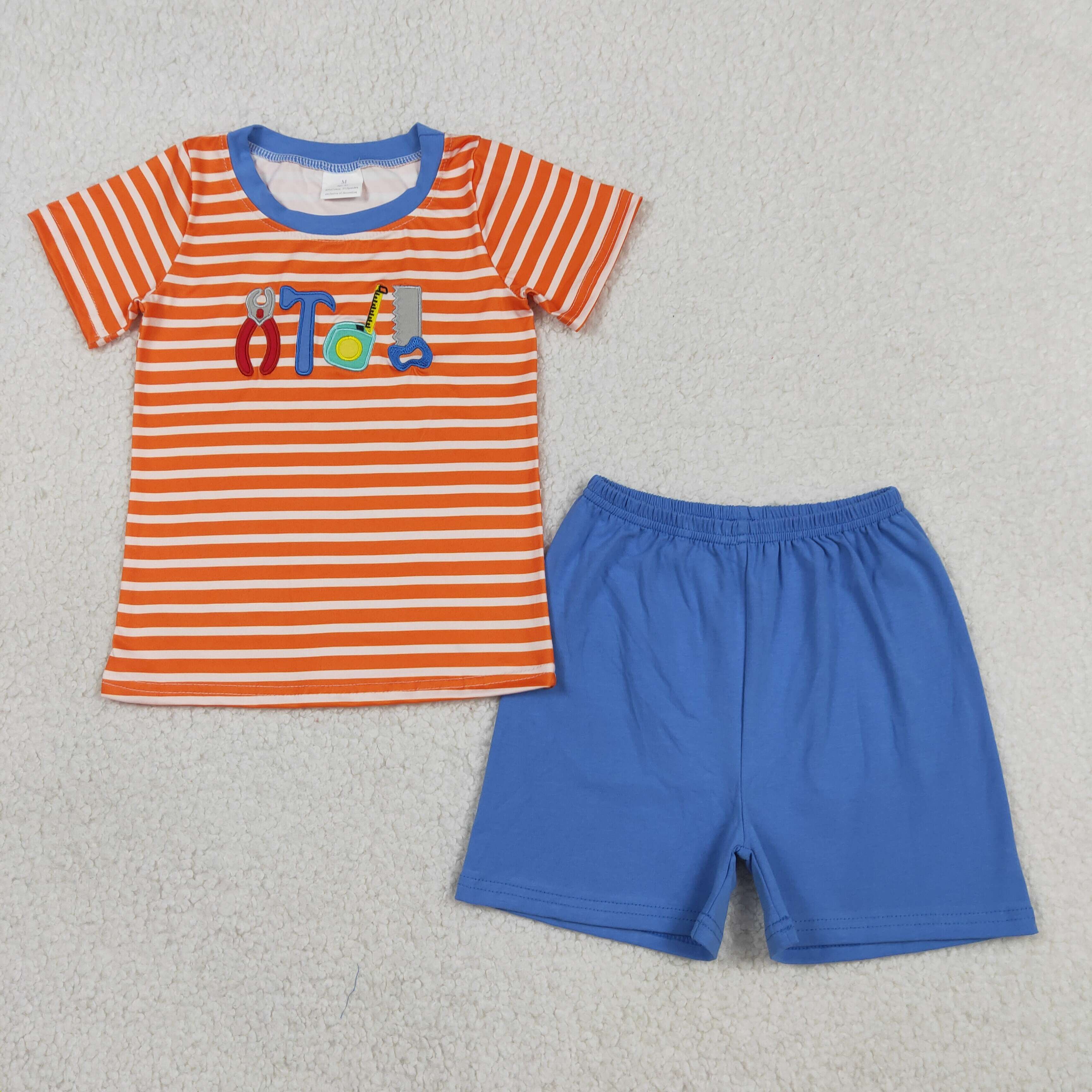 BSSO1851 RTS Orange stripe tool embroidery short sleeve boy outfits