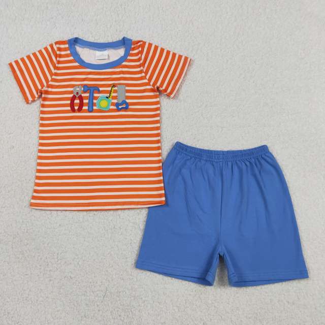 BSSO1851 RTS Orange stripe tool embroidery short sleeve boy outfits