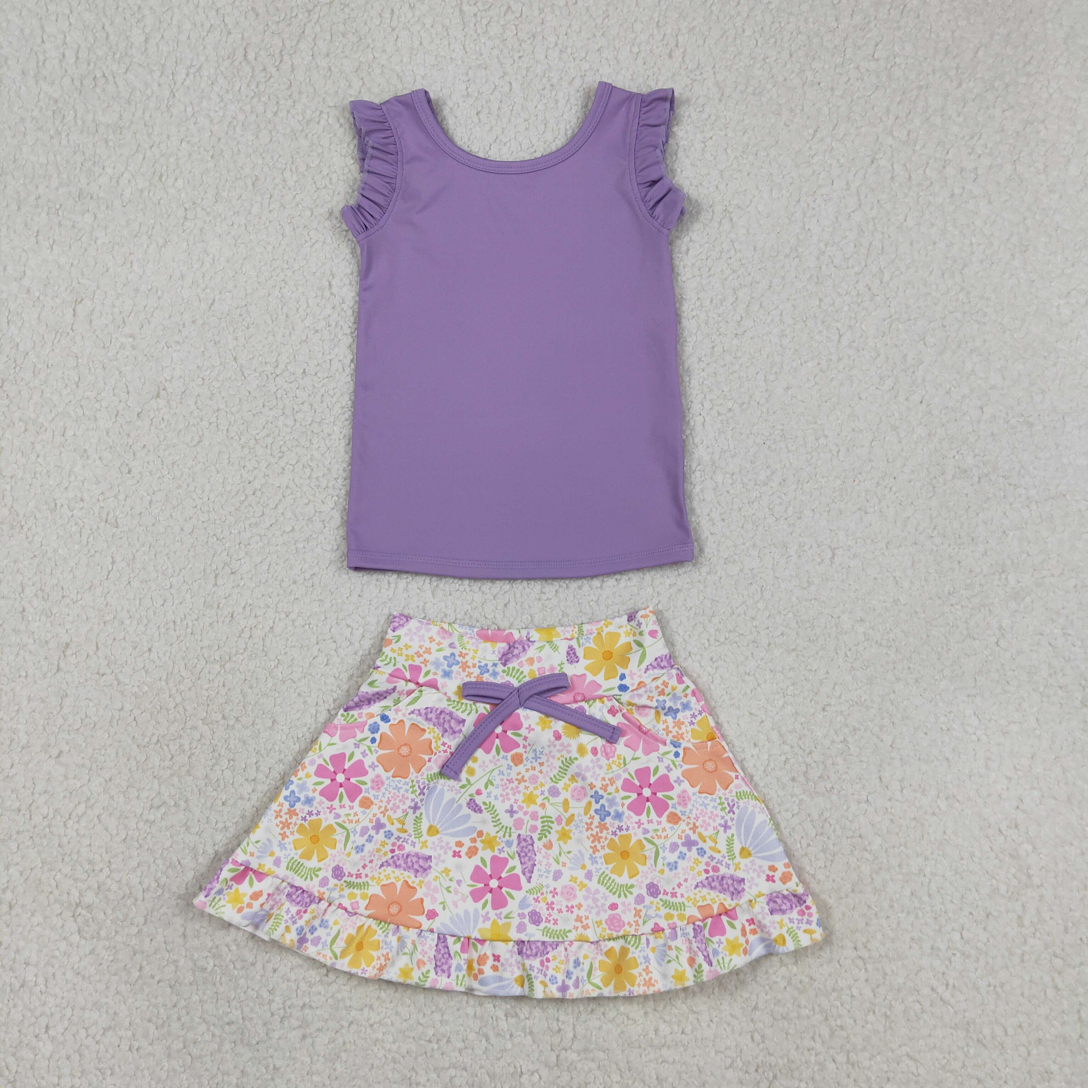 GSD3771 Purple solid floral Print  sleeveless girl skirt outfits