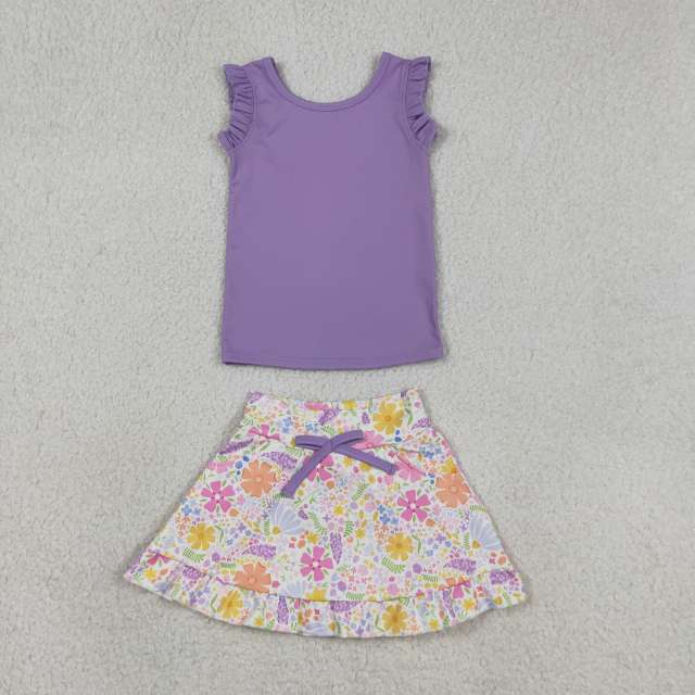GSD3771 Purple solid floral Print  sleeveless girl skirt outfits