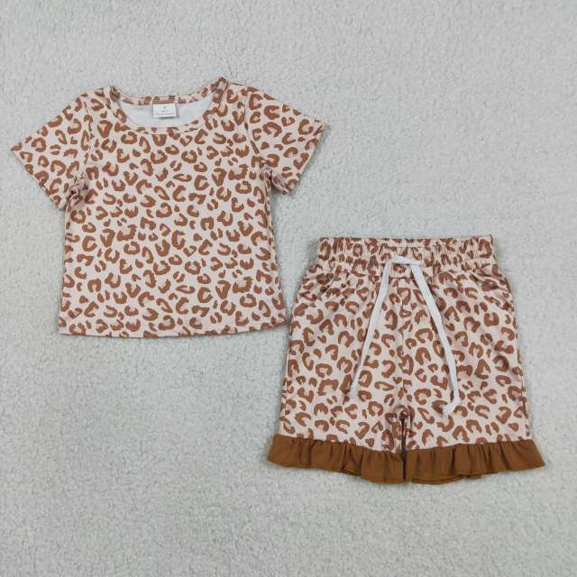 GSSO3292 Brown leopard Print Short sleeve girl outfits