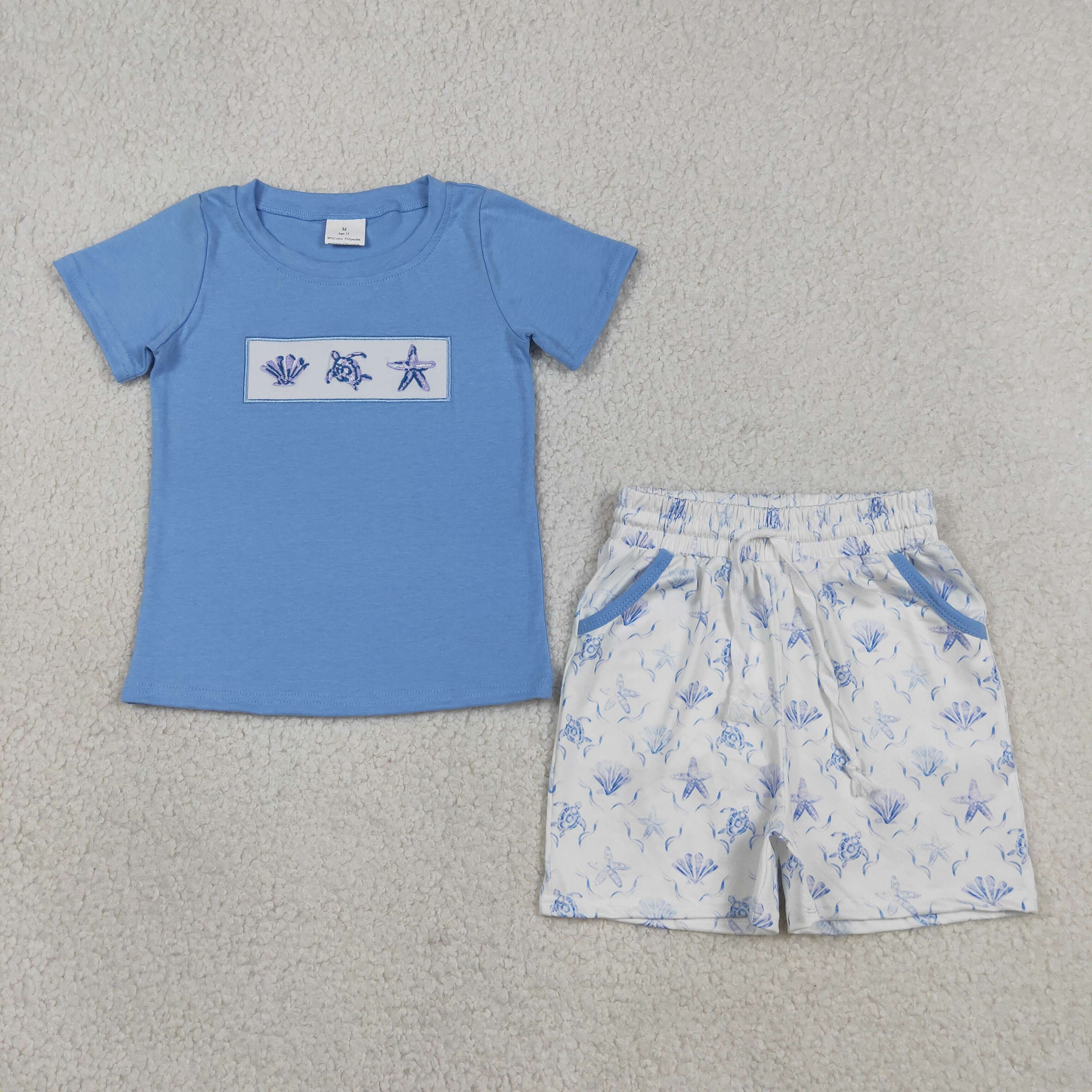 BSSO1979 RTS Blue Shell stars turtle embroidery short sleeve boy outfits