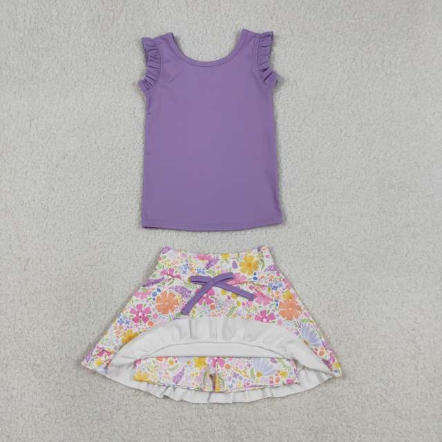 GSD3771 Purple solid floral Print  sleeveless girl skirt outfits