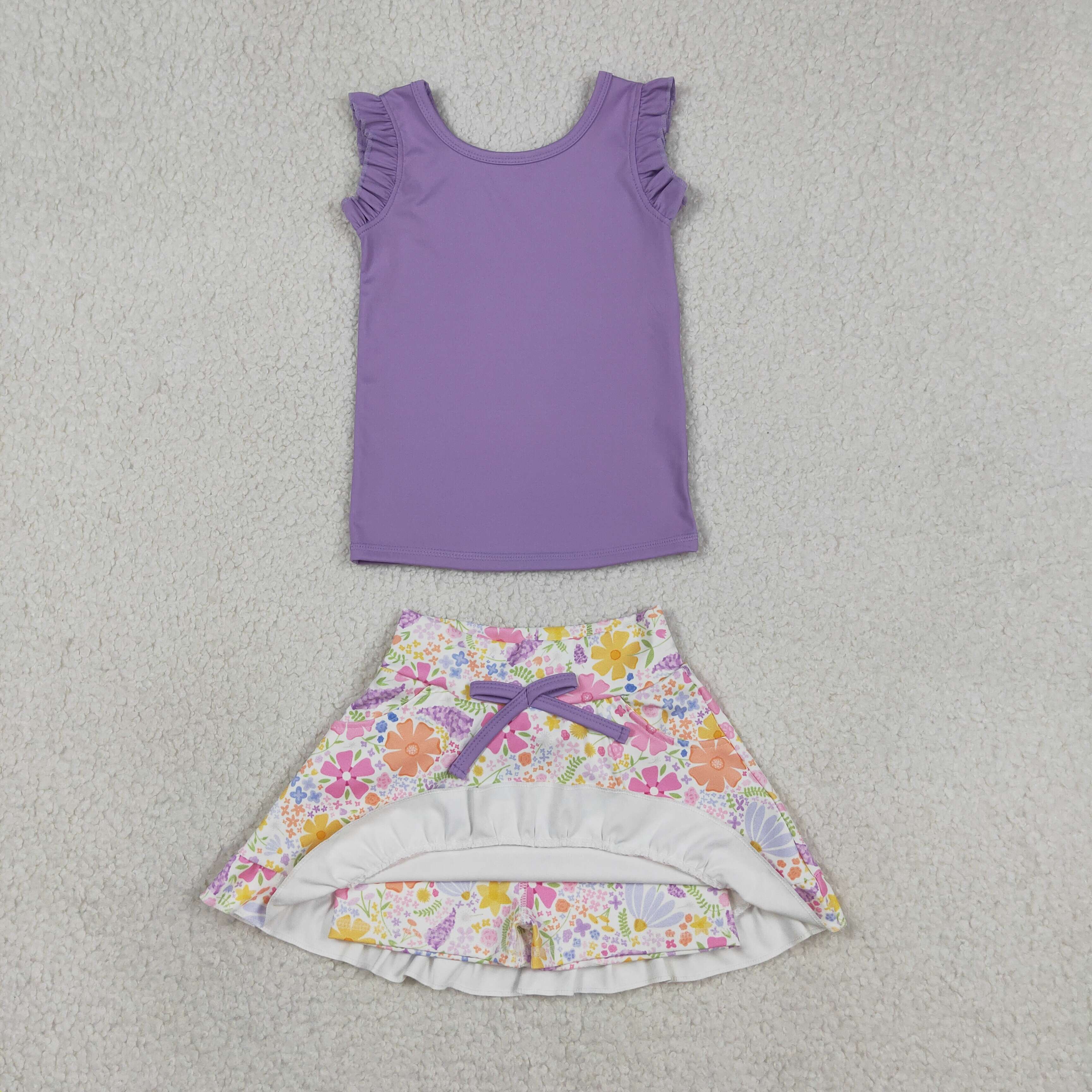 GSD3771 Purple solid floral Print  sleeveless girl skirt outfits