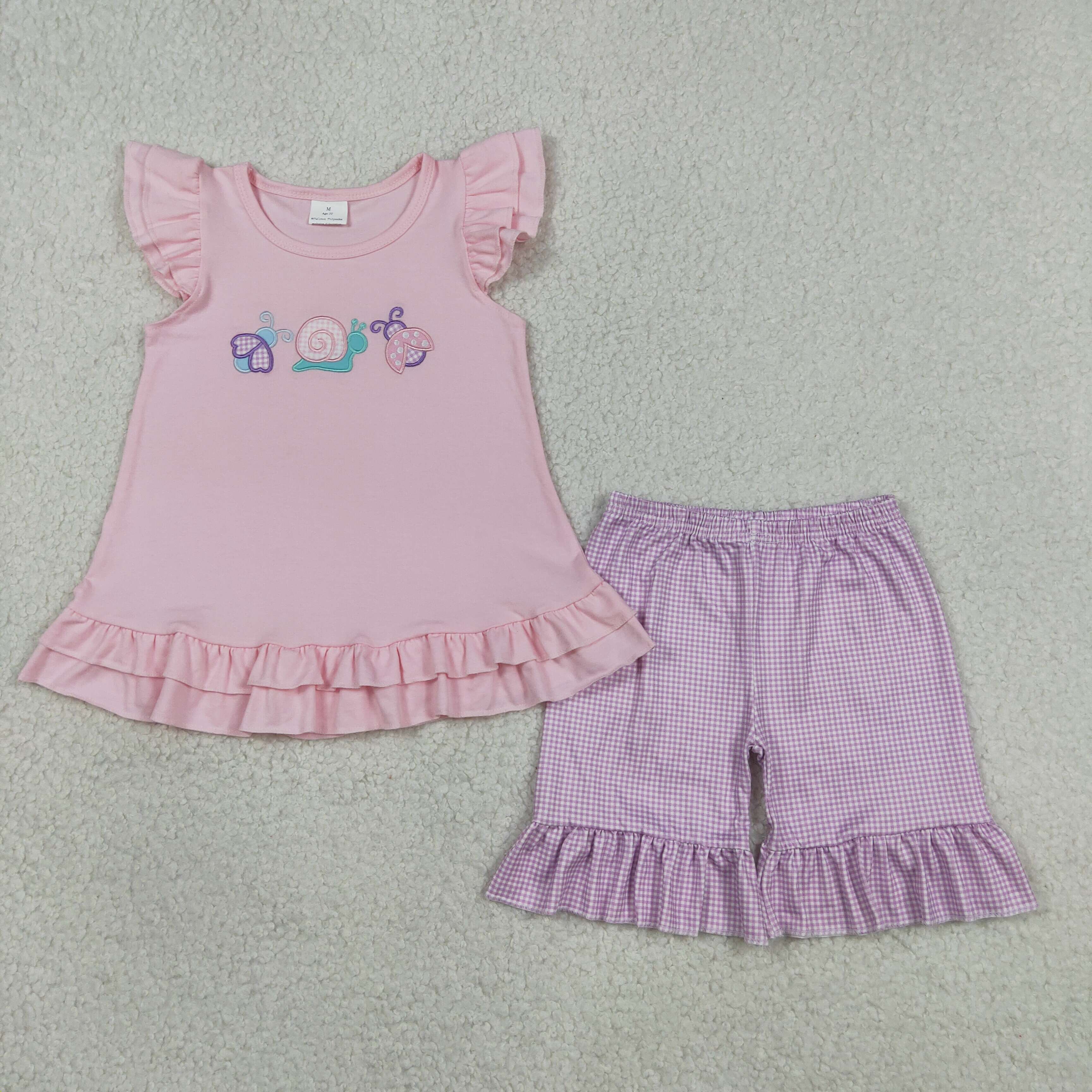 GSSO3305 Pink snail embroidery flying sleeve girl outfits