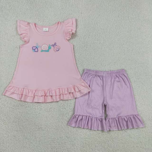 GSSO3305 Pink snail embroidery flying sleeve girl outfits