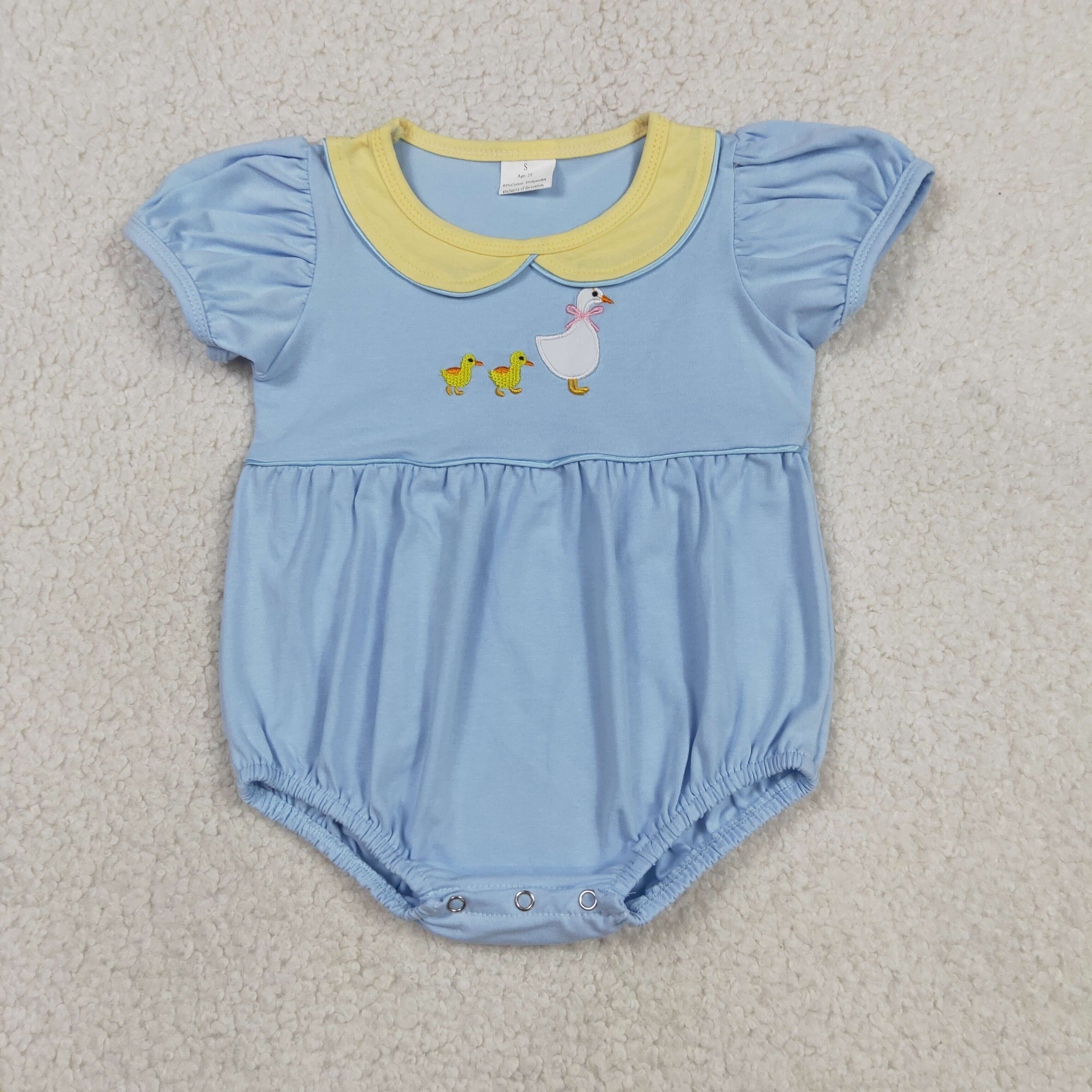 SR3298  Baby Blue duck embroidery print ruffle sleeve Rompers