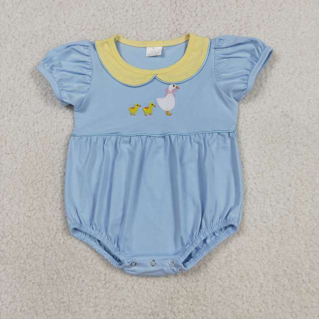 SR3298  Baby Blue duck embroidery print ruffle sleeve Rompers