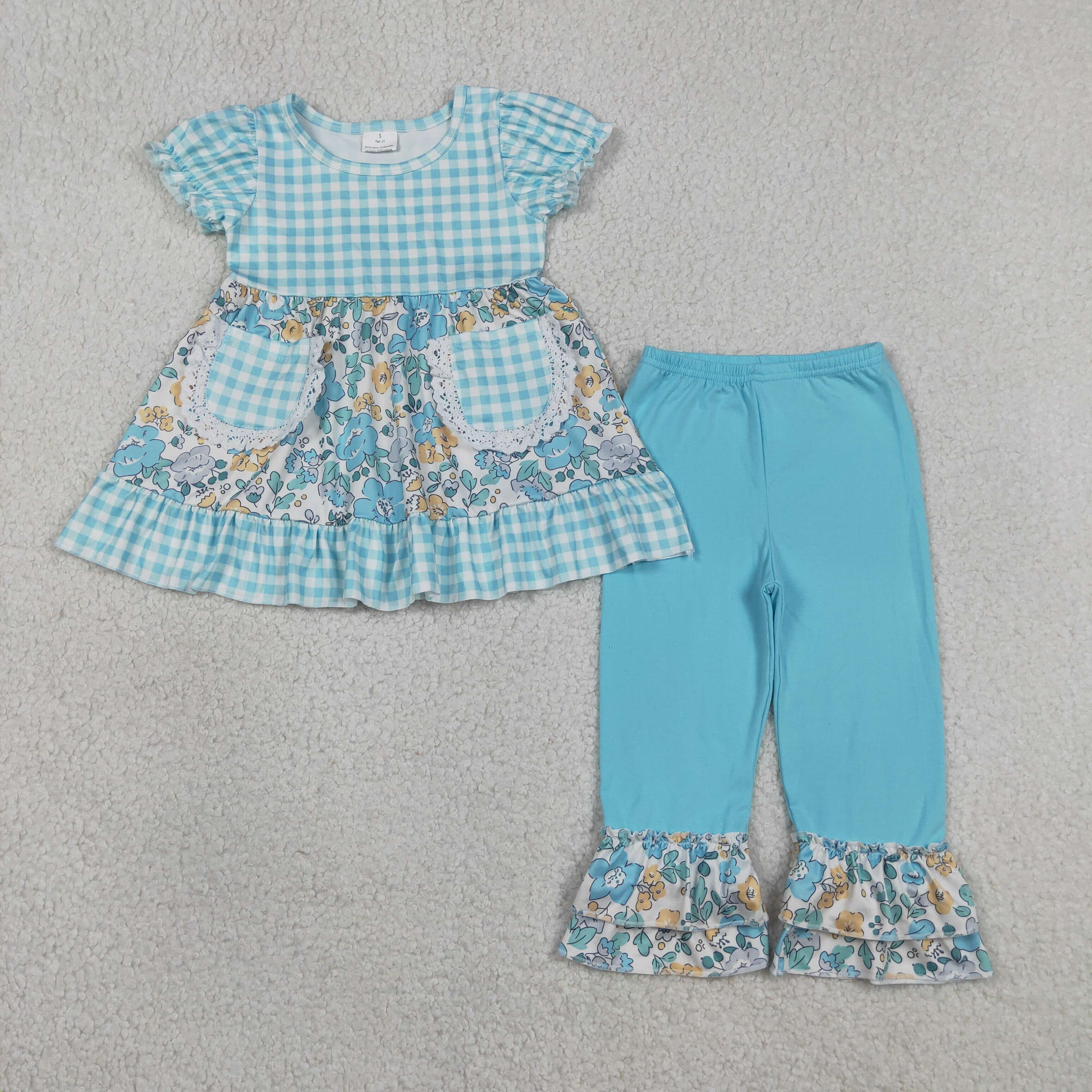 GSPO2282 Blue plaid flowers Print Short sleeve girl fall outfits