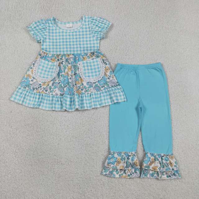 GSPO2282 Blue plaid flowers Print Short sleeve girl fall outfits
