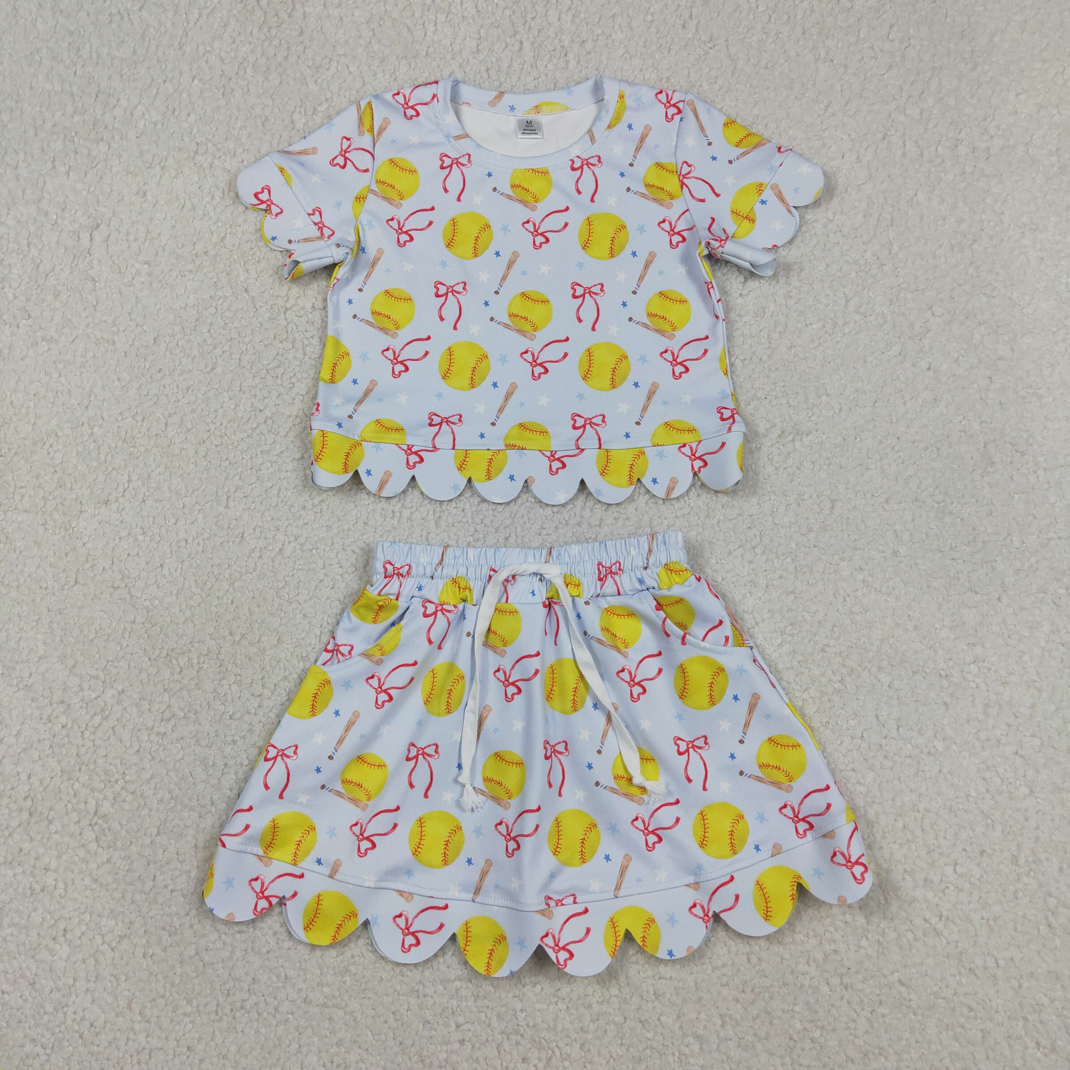 GSD3655 Blue Softball bows  Print Short sleeve girl SCALLOP outfits