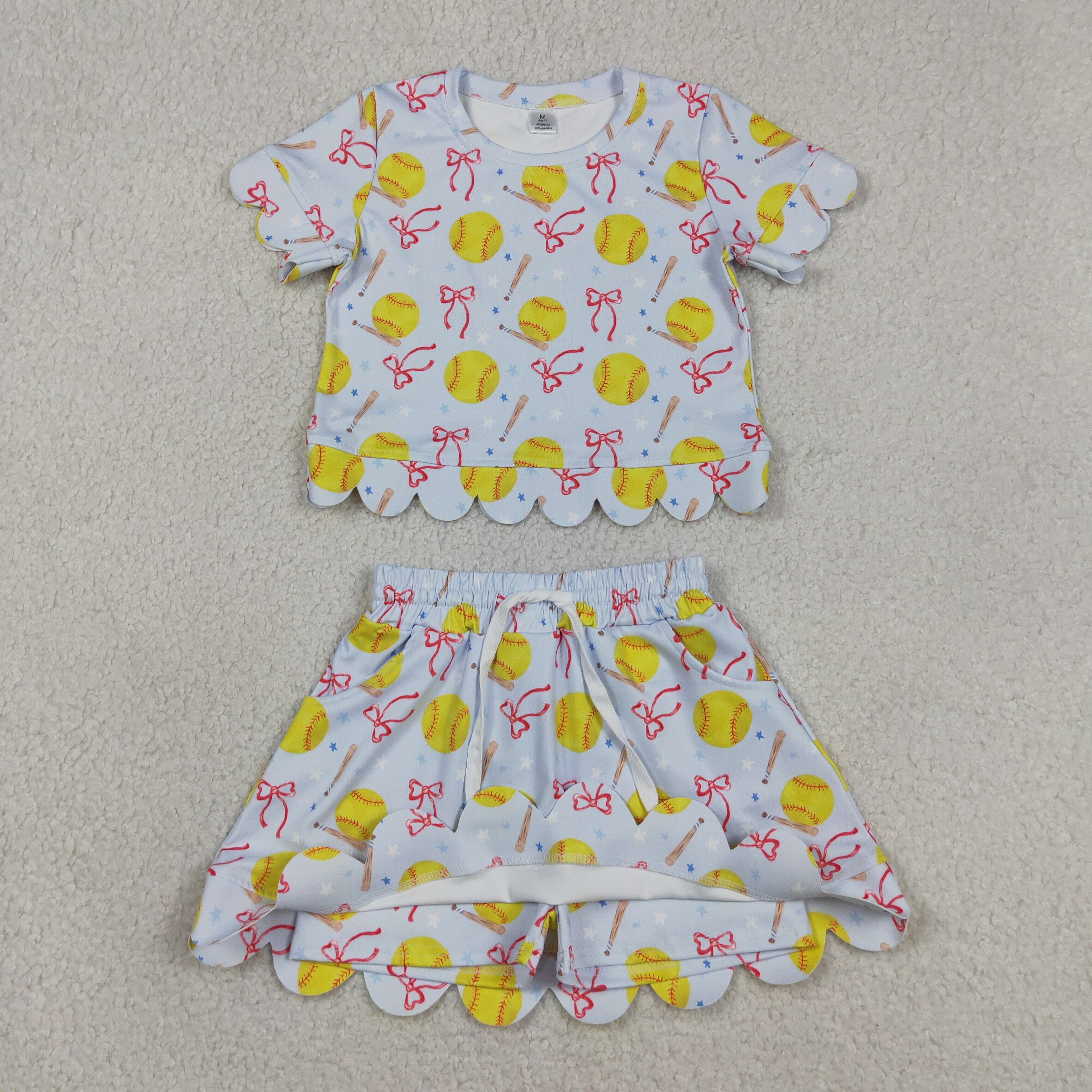 GSD3655 Blue Softball bows  Print Short sleeve girl SCALLOP outfits