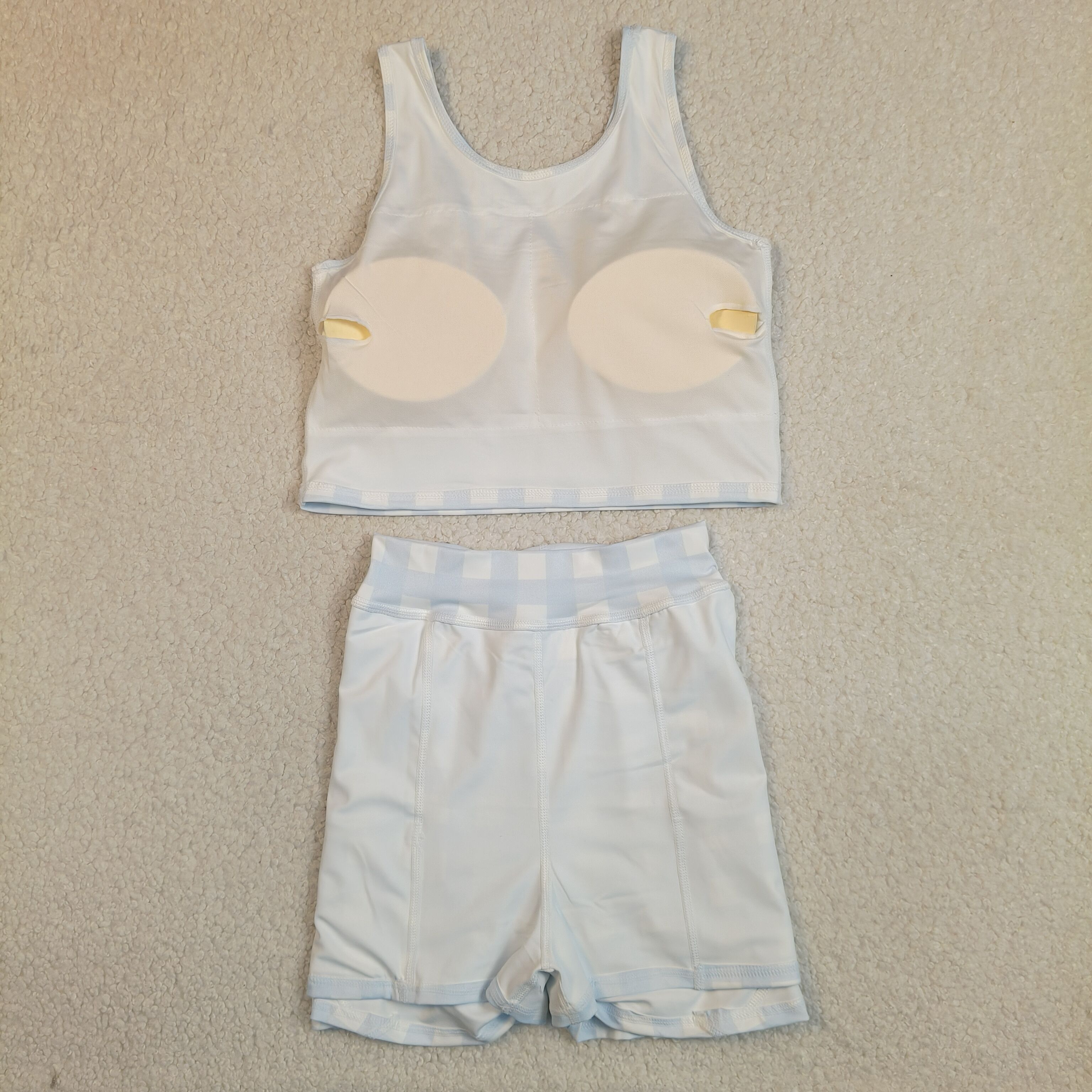 GSD3839 RTS blue white Plaid girl yoga short sleeve skirt set