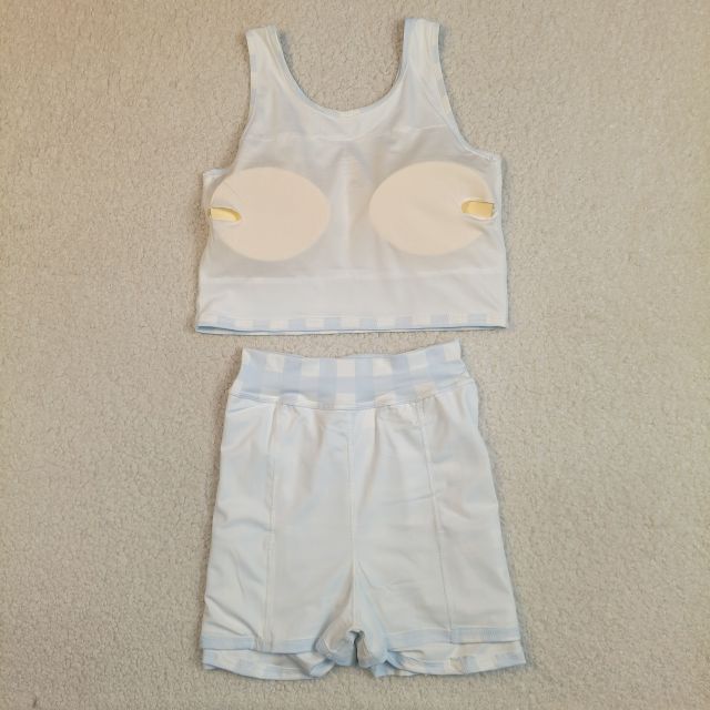 GSD3839 RTS blue white Plaid girl yoga short sleeve skirt set