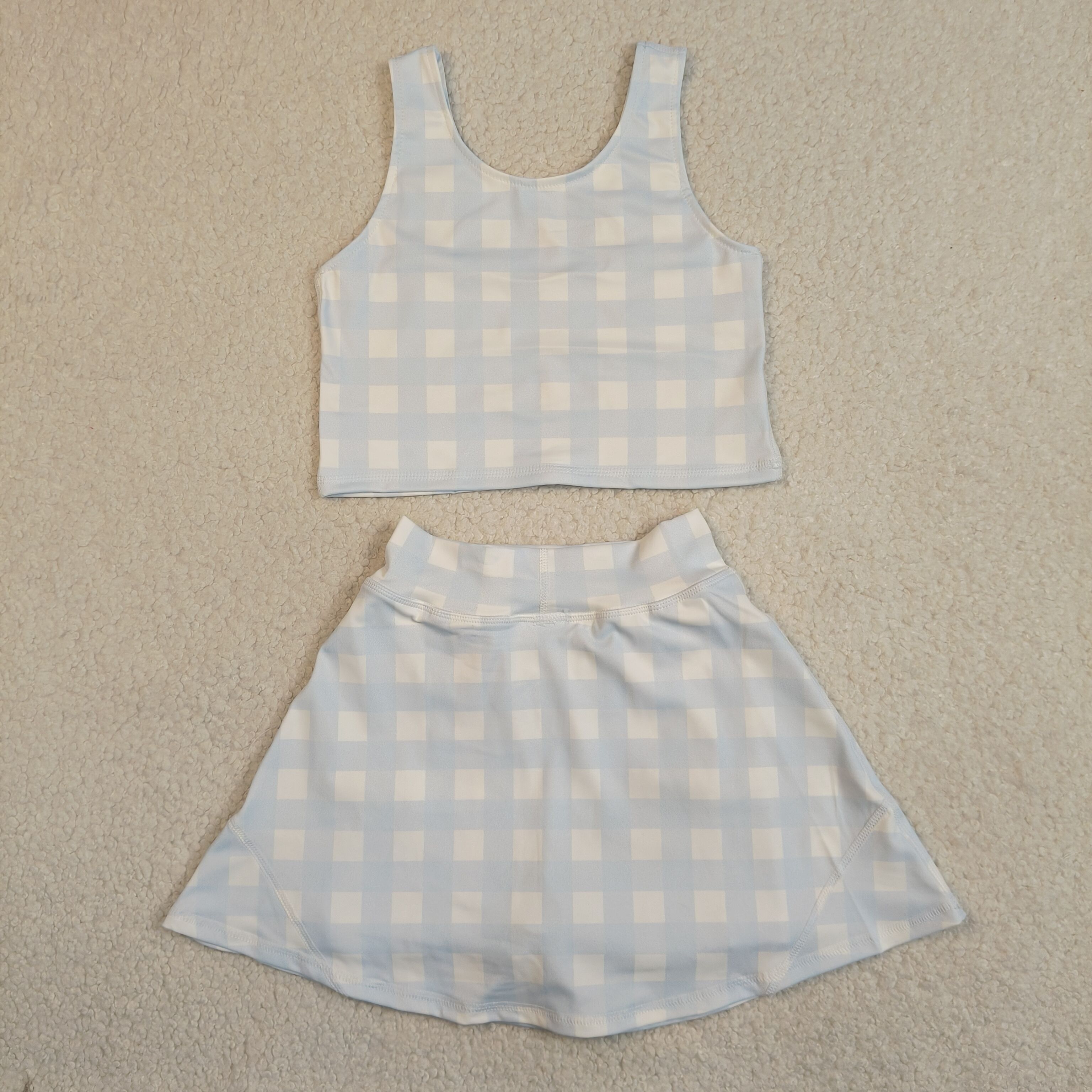 GSD3839 RTS blue white Plaid girl yoga short sleeve skirt set