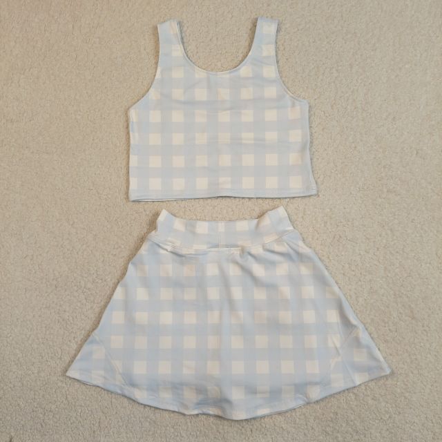 GSD3839 RTS blue white Plaid girl yoga short sleeve skirt set