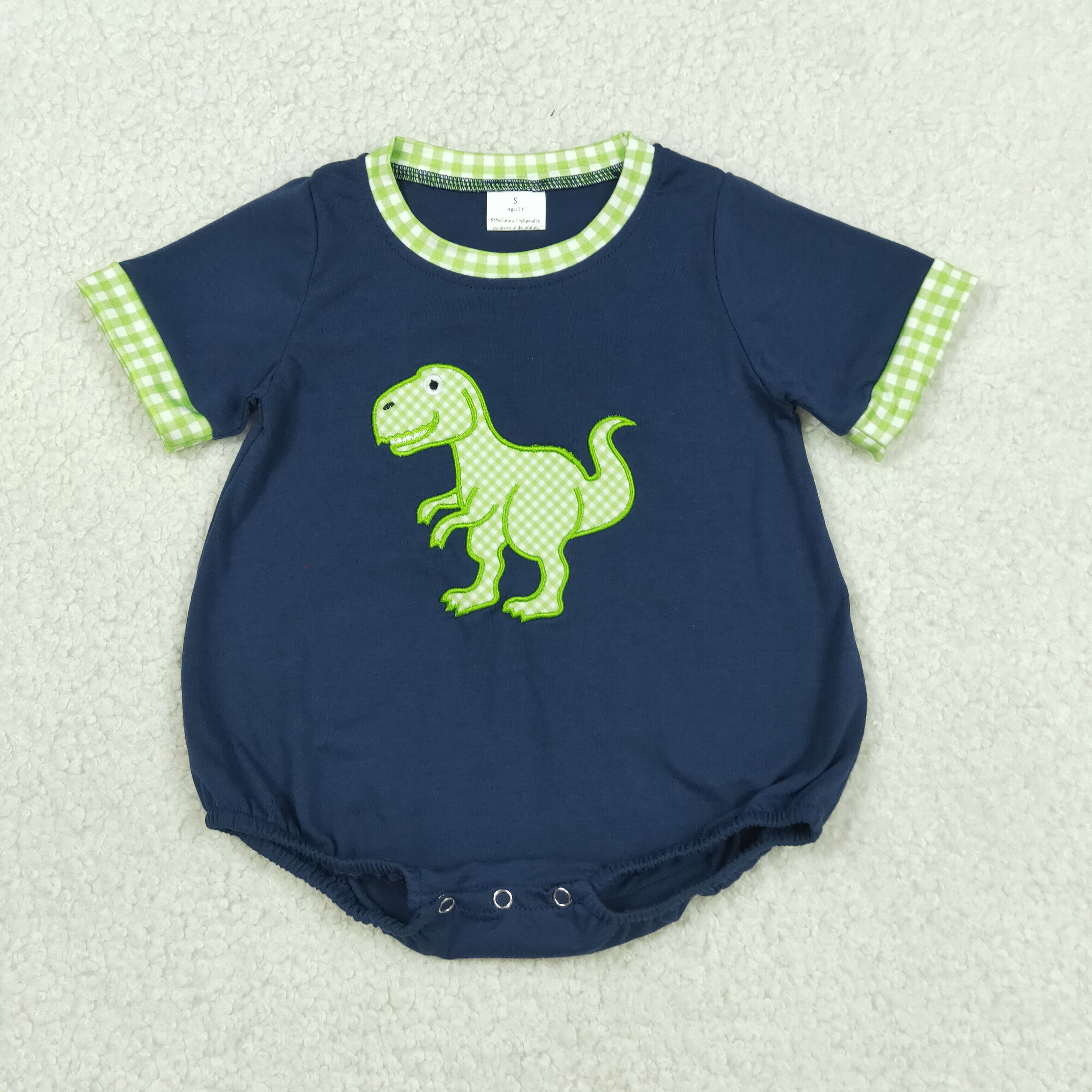 SR4113 Baby navy green plaid dinosaur embroidery print  Rompers