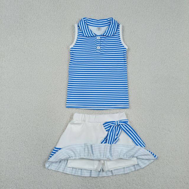 GSD3661  RTS blue Stripe girl yoga sleeveless skirt set