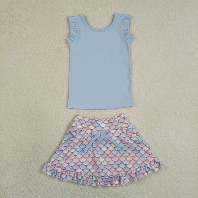 GSD3775 RTS blue Purple scale girl yoga short sleeve skirt set