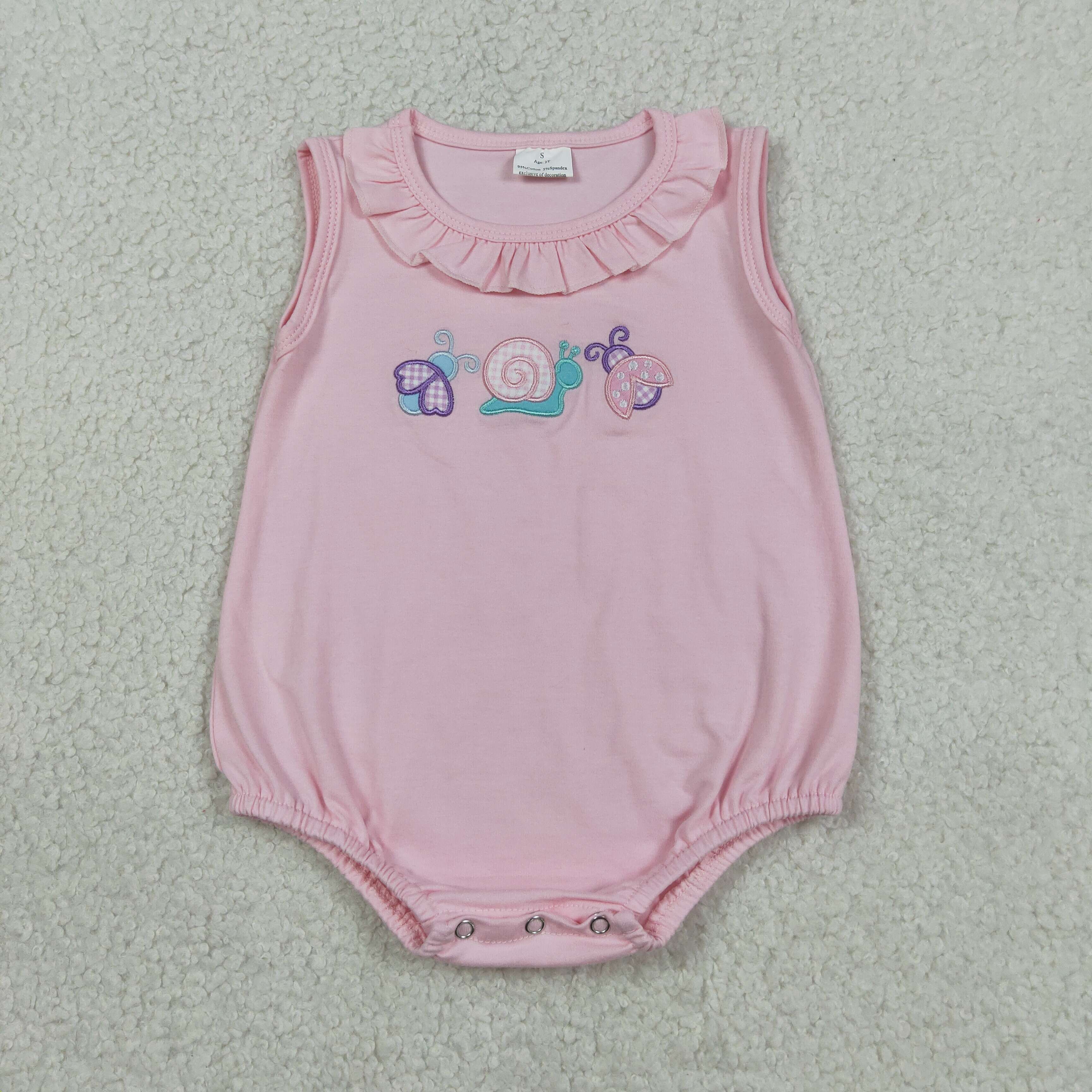 SR4037 Baby pink snail embroidery sleeveless Rompers