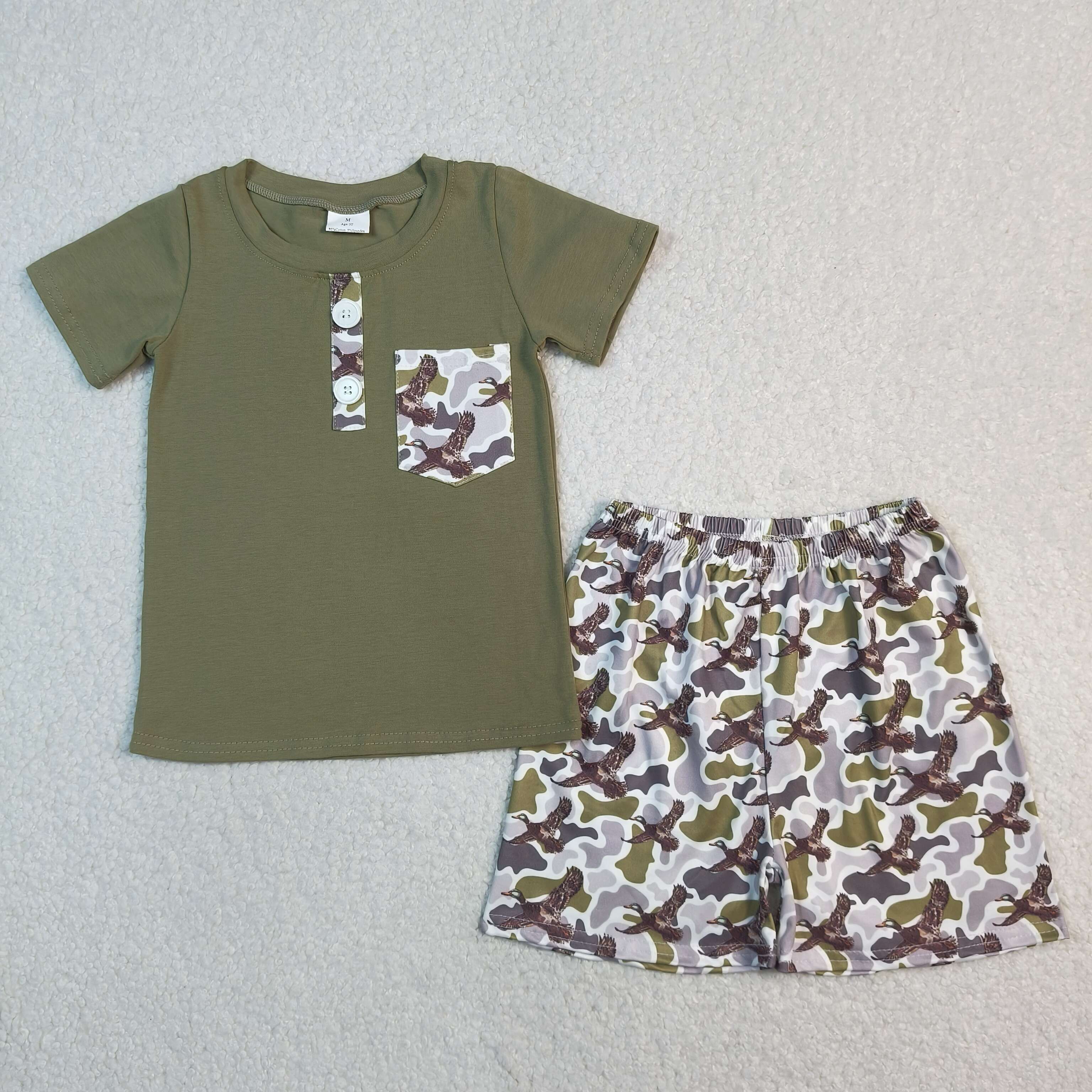 BSSO1856 RTS Green duck print short sleeve boy outfits