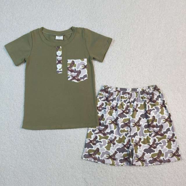 BSSO1856 RTS Green duck print short sleeve boy outfits