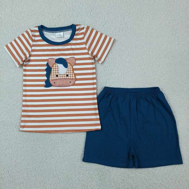 BSSO0380 RTS Brown white stripe horse embroidery short sleeve boy outfits