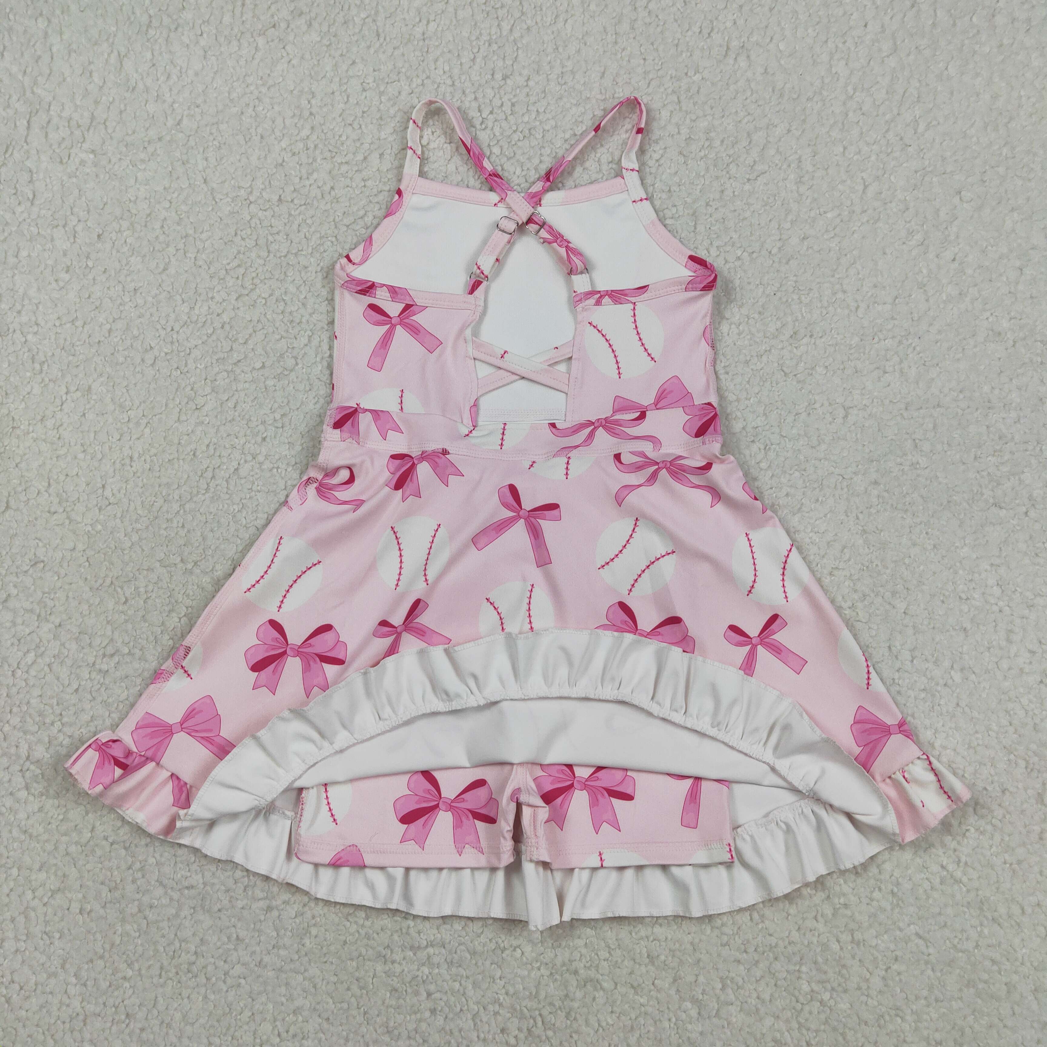 GSD2567  RTS Pink Baeball bows print active girl yoga dress