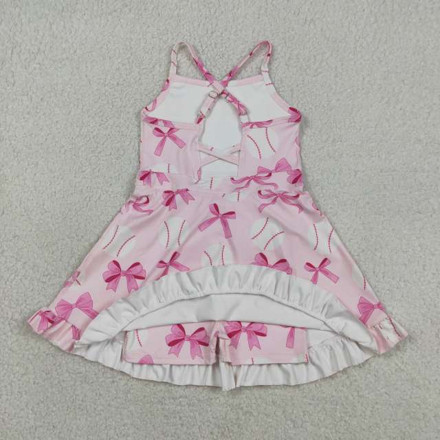 GSD2567  RTS Pink Baeball bows print active girl yoga dress