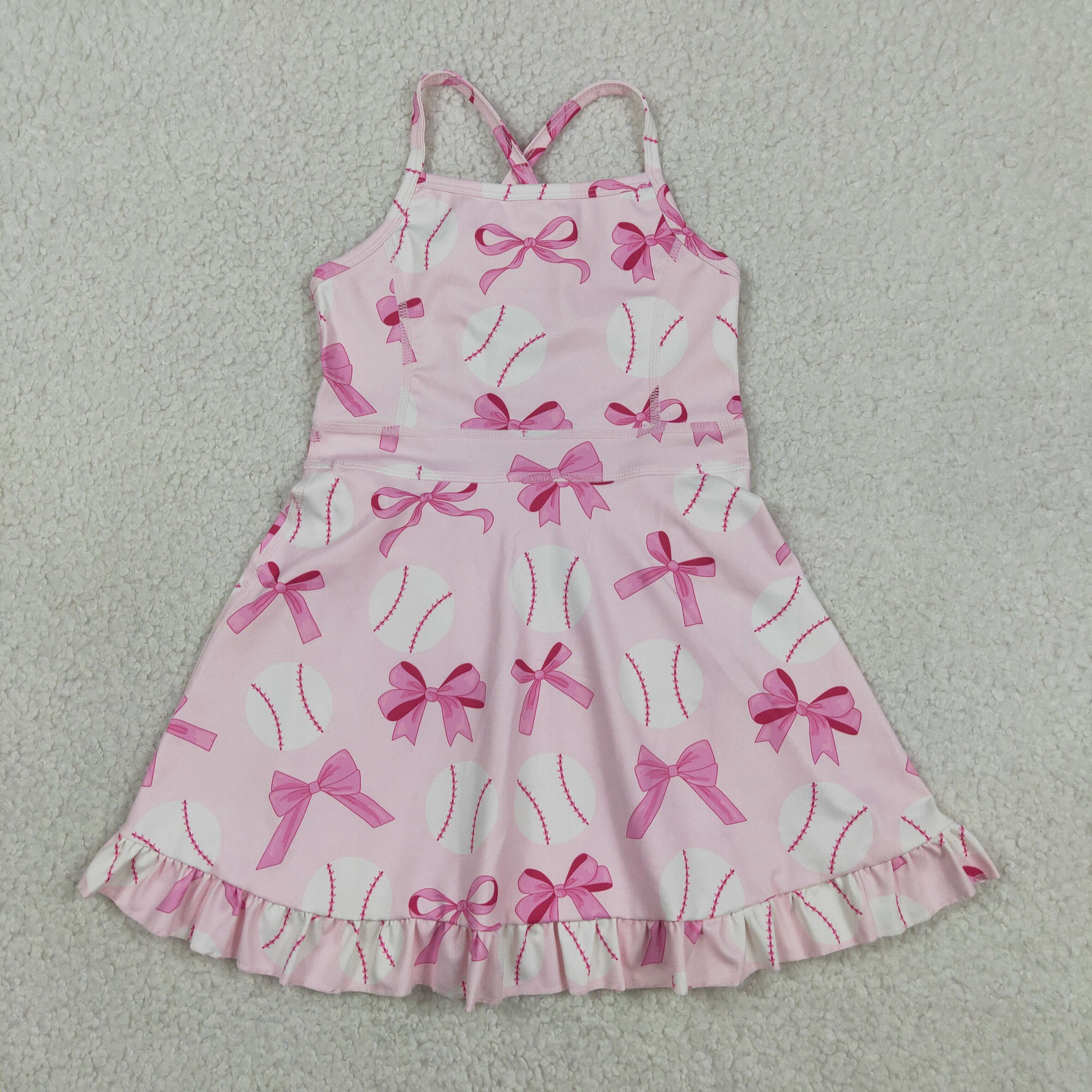 GSD2567  RTS Pink Baeball bows print active girl yoga dress