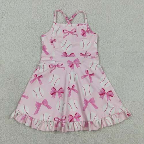 GSD2567  RTS Pink Baeball bows print active girl yoga dress
