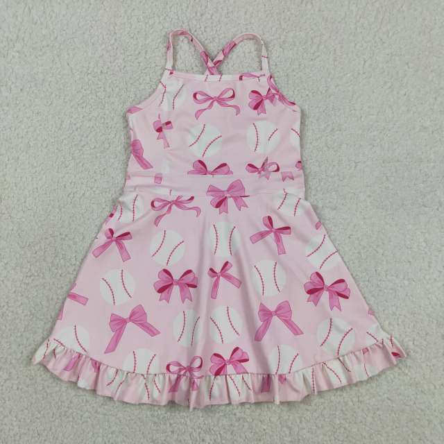 GSD2567  RTS Pink Baeball bows print active girl yoga dress