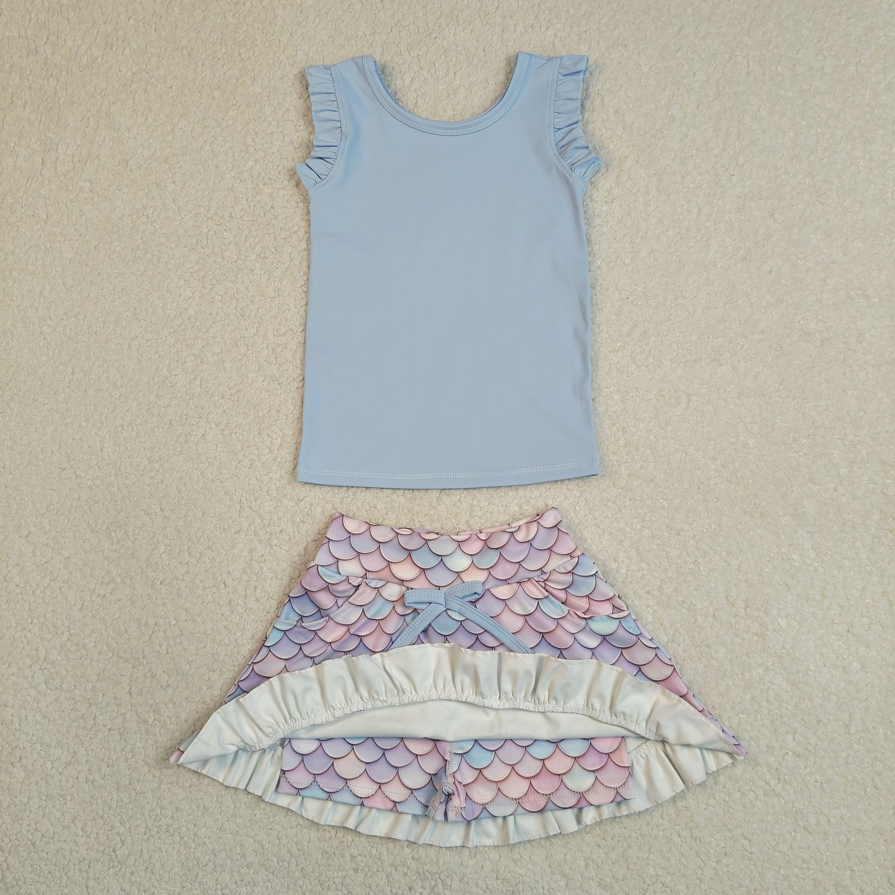GSD3775 RTS blue Purple scale girl yoga short sleeve skirt set