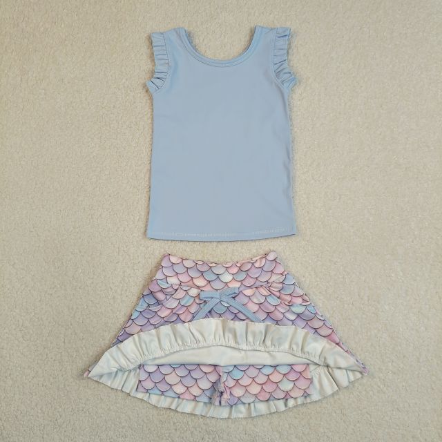 GSD3775 RTS blue Purple scale girl yoga short sleeve skirt set