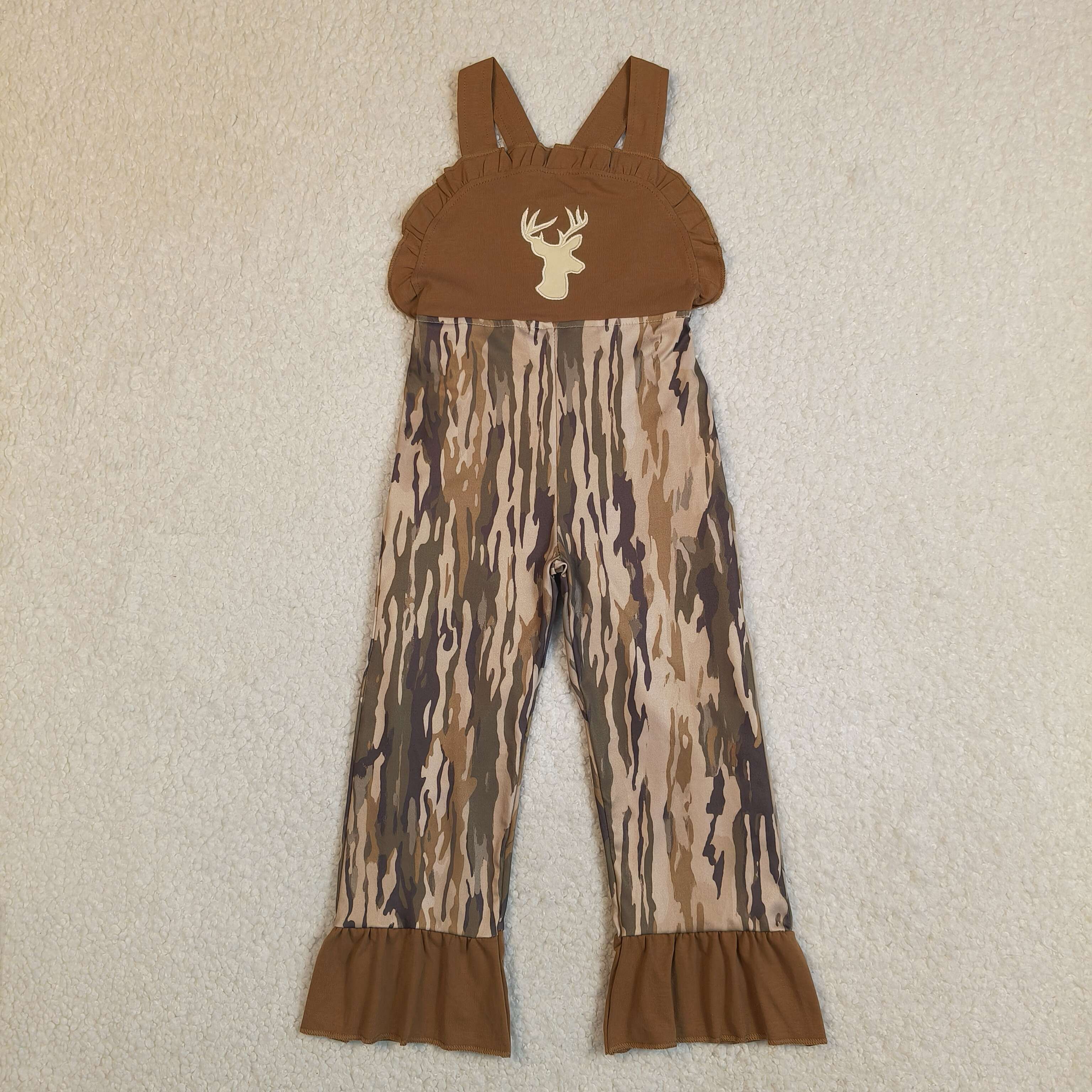 SR4047 Brown camo deer embroidery short sleeve baby girl  jumpsuit