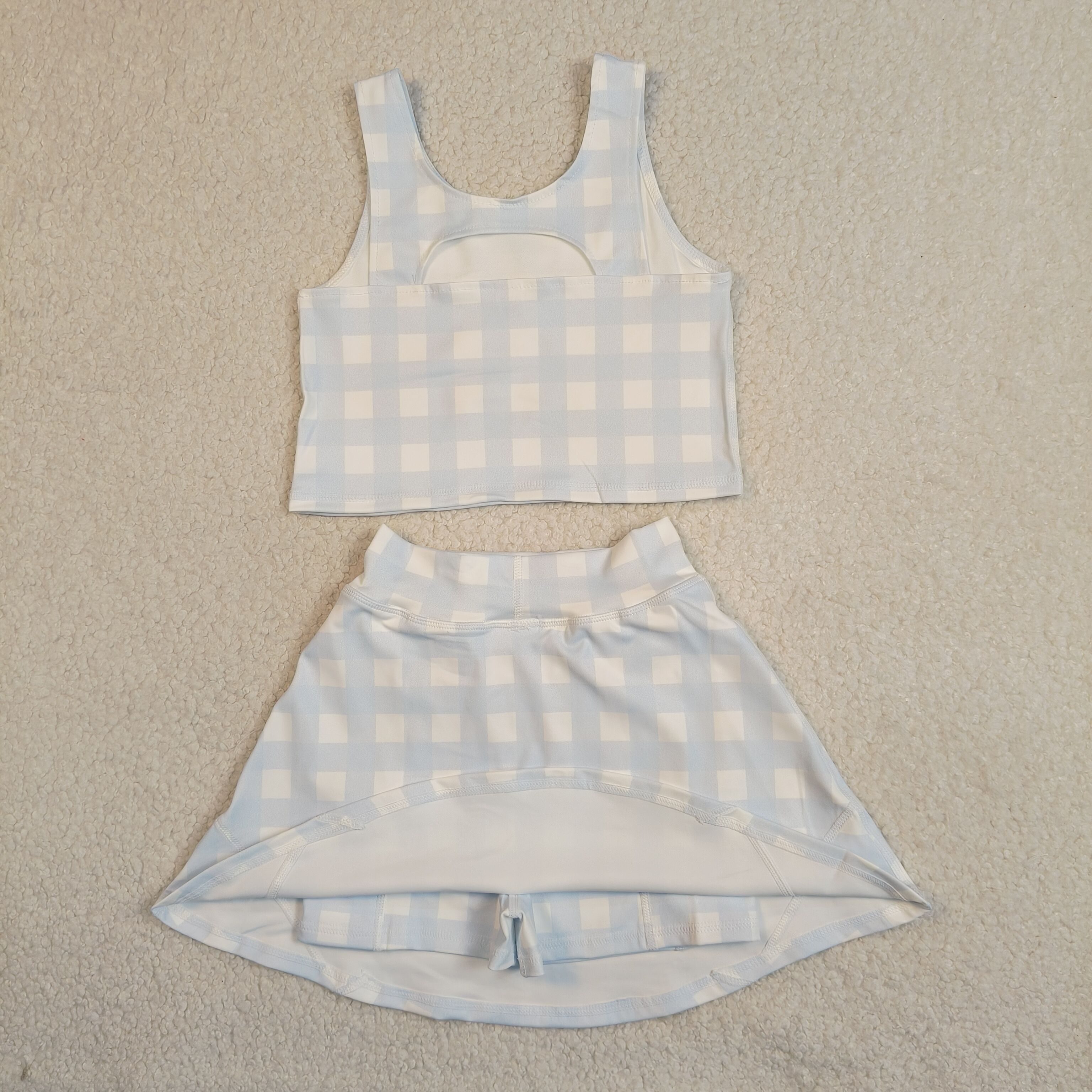 GSD3839 RTS blue white Plaid girl yoga short sleeve skirt set