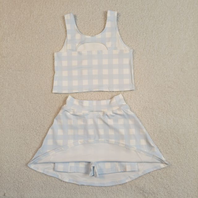 GSD3839 RTS blue white Plaid girl yoga short sleeve skirt set