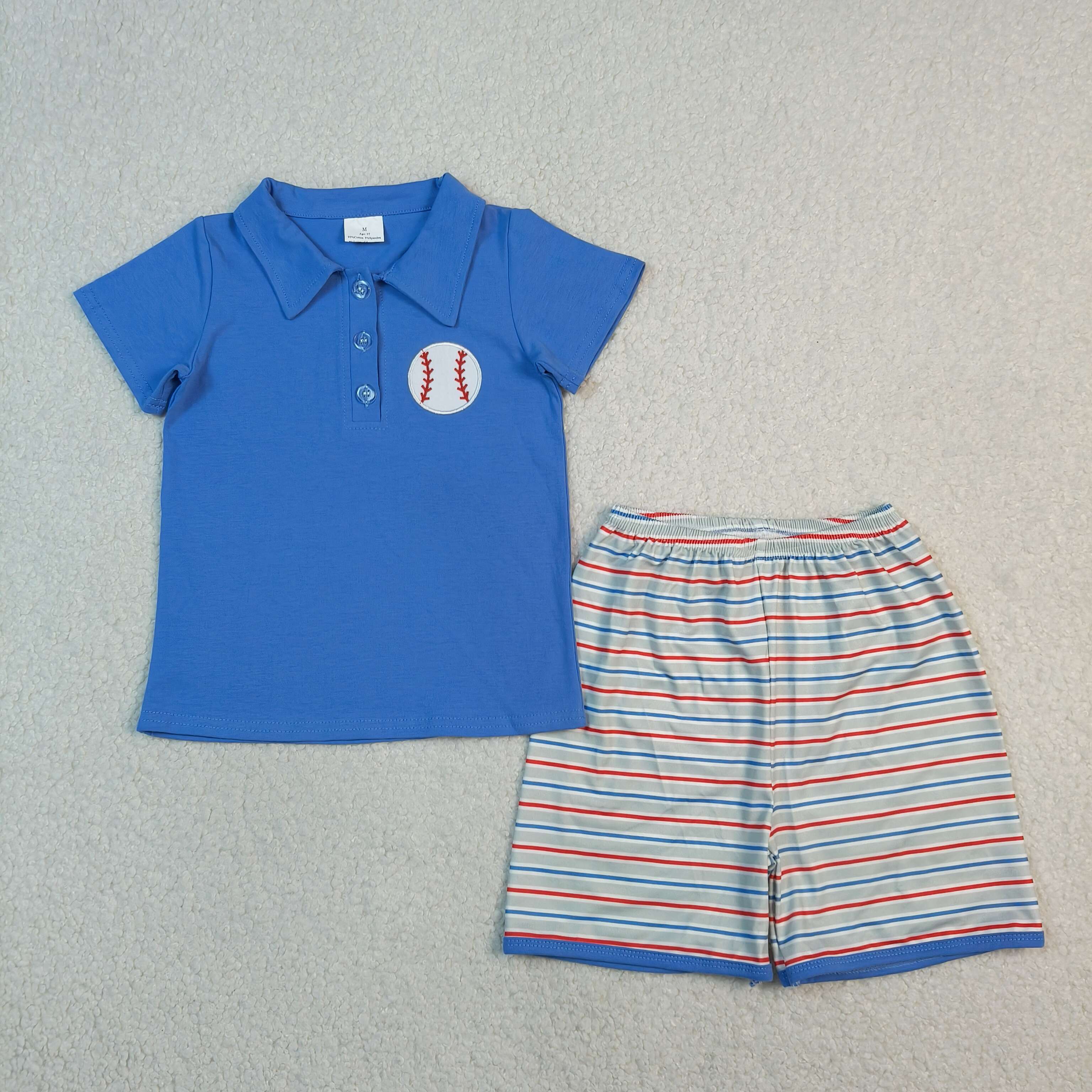 BSSO1877 RTS Blue baseball embroidery short sleeve boy outfits